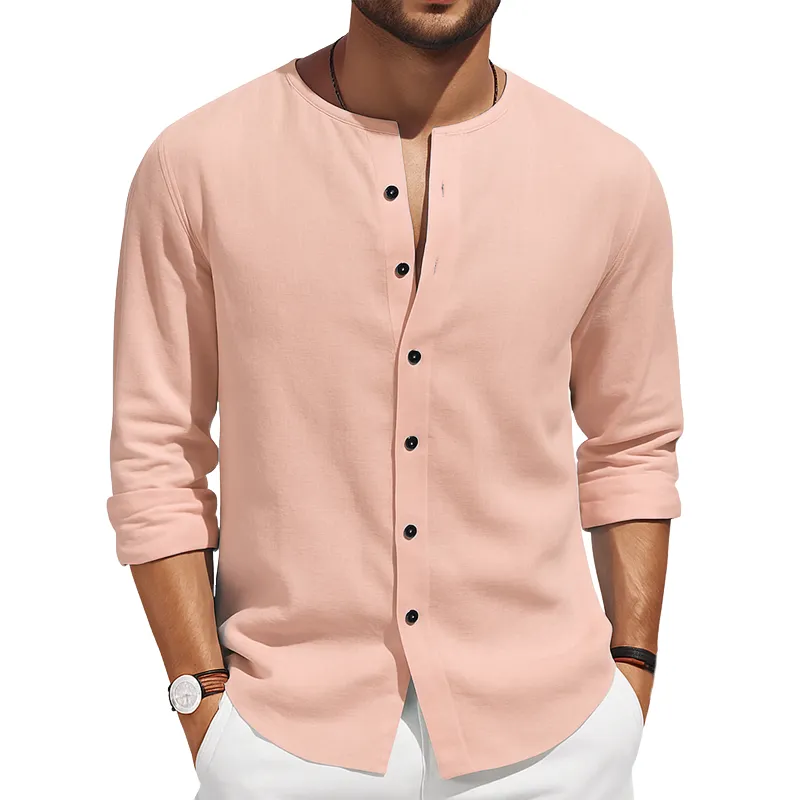 Men's Basic Solid Color Round Neck Cotton And Linen Long-sleeved Shirt MTA0455H6U sold by Manly