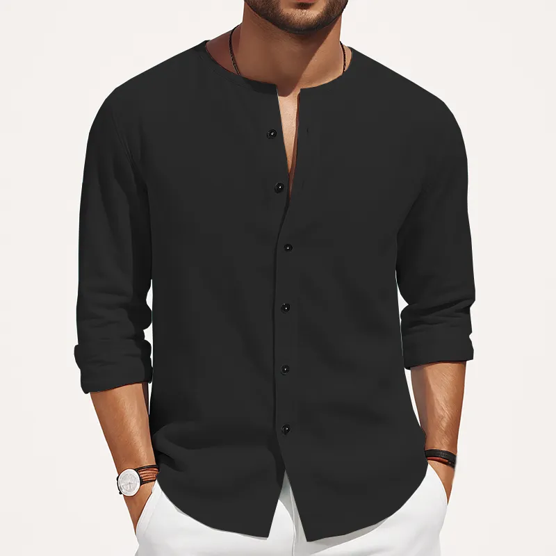 Men's Basic Solid Color Round Neck Cotton And Linen Long-sleeved Shirt MTA0455H6U sold by Manly product image thumbnail 4