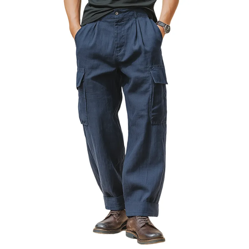 Men's Retro Casual Solid Color Cotton And Linen Pocket Pants MTA3146G0TO sold by Manly