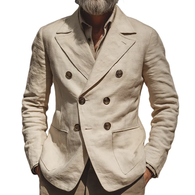 Men's Vintage Casual Cotton And Linen Solid Color Double-Breasted Blazer MTA0154H7TO sold by Manly