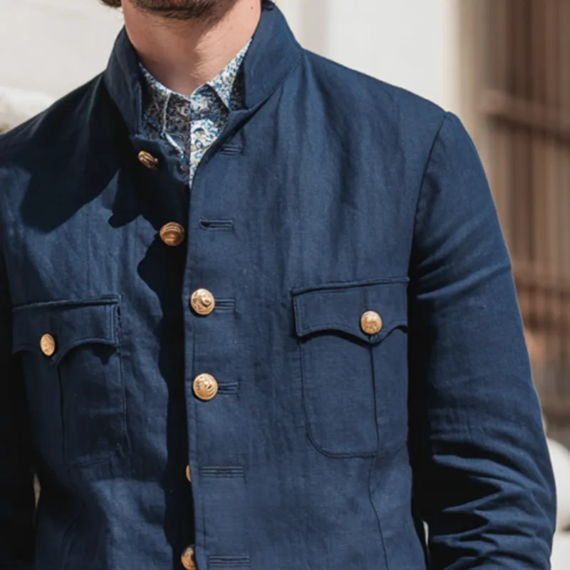 Men's Vintage Casual Cotton And Linen Solid Color Navy Stand Collar Jacket MTA0150H0TO sold by Manly product image thumbnail 3