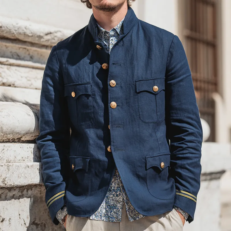 Men's Vintage Casual Cotton And Linen Solid Color Navy Stand Collar Jacket MTA0150H0TO sold by Manly product image thumbnail 2
