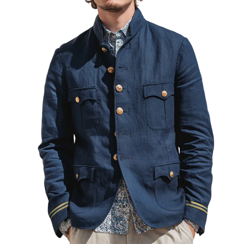 Men's Vintage Casual Cotton And Linen Solid Color Navy Stand Collar Jacket MTA0150H0TO sold by Manly