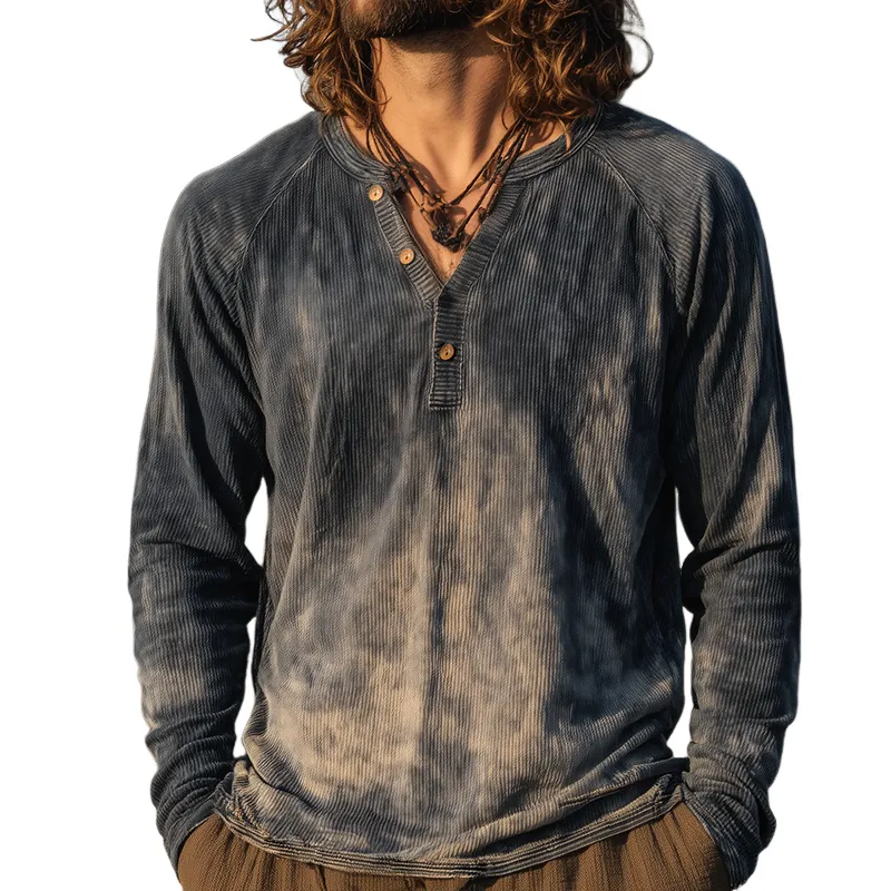 Men's Retro Casual Gradient Print Henley Neck Long Sleeve T-Shirt MTA0109H4TO sold by Manly