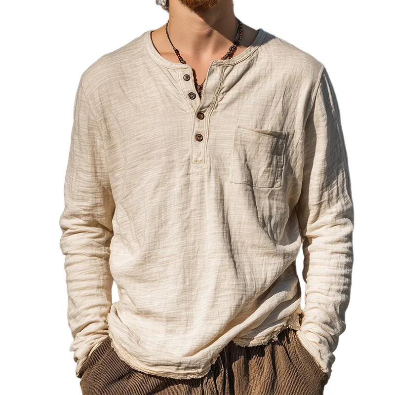 Men's Vintage Casual Distressed Henley Collar Long Sleeve T-Shirt MTA0140H5TO sold by Manly