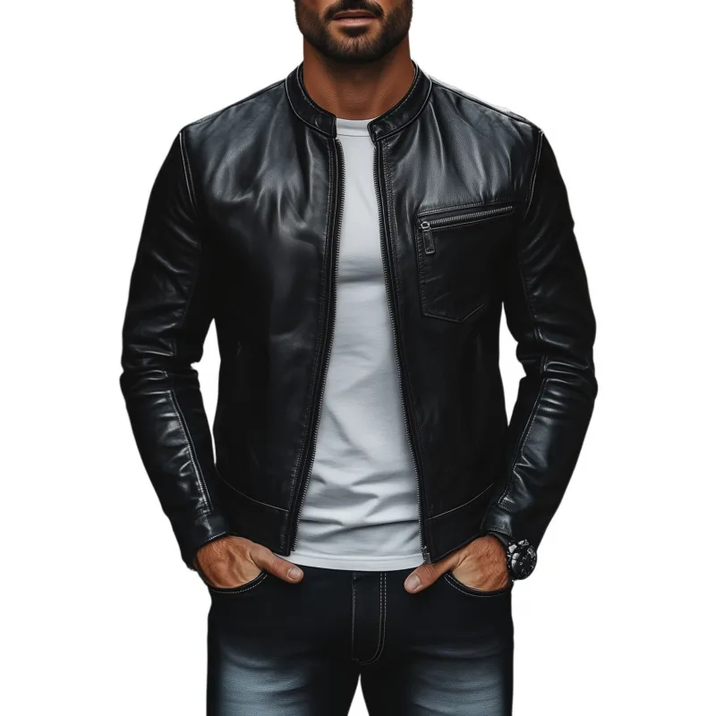 Men's Vintage Solid Color Faux Leather Stand Collar Zipper Chest Pocket Slim Fit Motorcycle Jacket MTA3044G9M sold by Manly