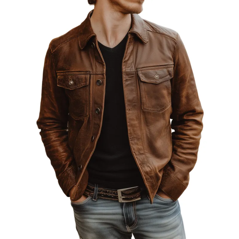 Men's Vintage Faux Leather Lapel Single Breasted Chest Pocket Slim Fit Jacket MTA2909G0M sold by Manly