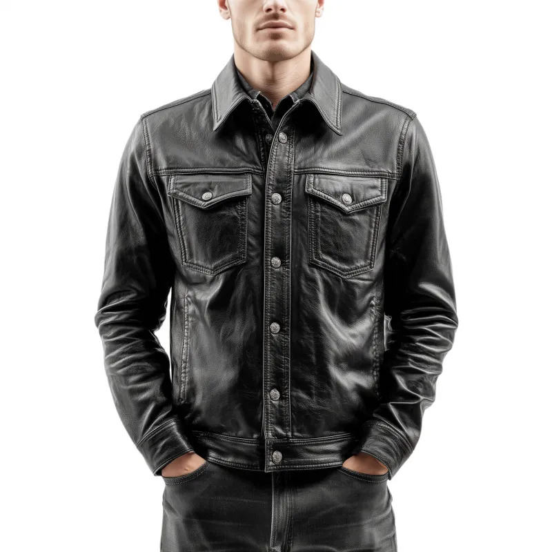 Men's Vintage Solid Color PU Lapel Single Breasted Multi-Pocket Slim Fit Motorcycle Jacket MTA2305G9M sold by Manly