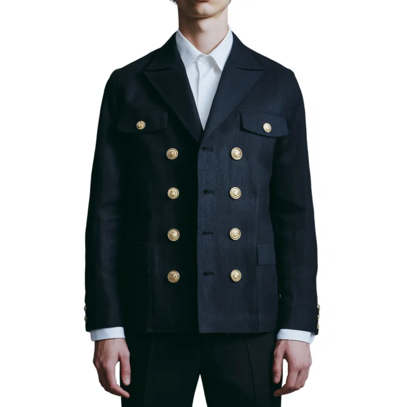 Men's Casual Solid Color Breathable Linen Lapel Double-breasted Metal Button Slim-fit Blazer MTA2983G0M sold by Manly