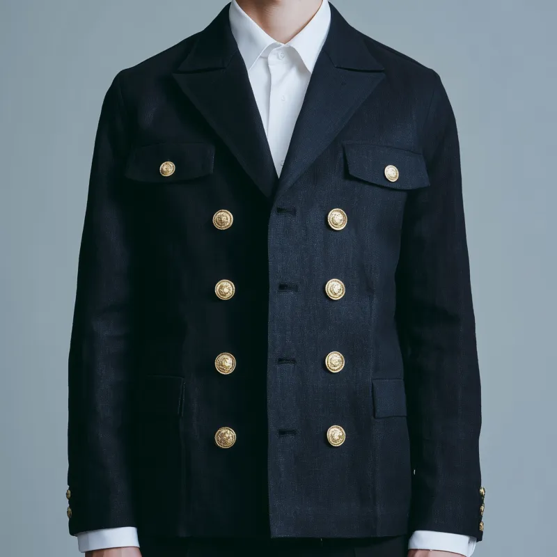 Men's Casual Solid Color Breathable Linen Lapel Double-breasted Metal Button Slim-fit Blazer MTA2983G0M sold by Manly product image thumbnail 3