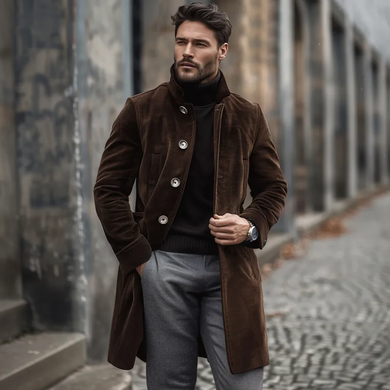 Men's Vintage Elegant Solid Color Corduroy Stand Collar Single Breasted Slim Fit Coat MTA0224H1M sold by Manly product image thumbnail 3