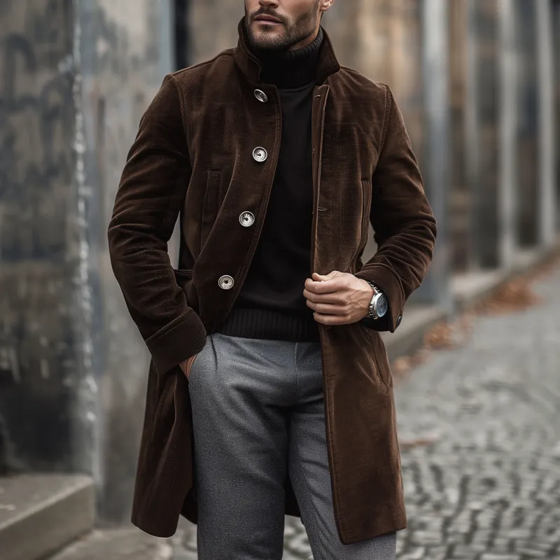 Men's Vintage Elegant Solid Color Corduroy Stand Collar Single Breasted Slim Fit Coat MTA0224H1M sold by Manly product image thumbnail 2