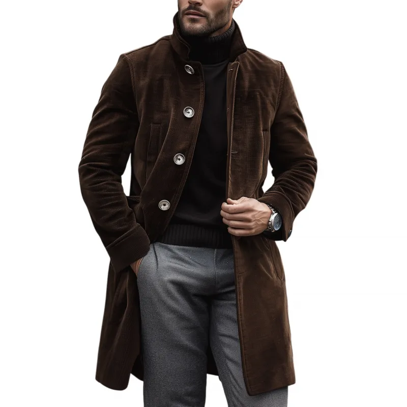 Men's Vintage Elegant Solid Color Corduroy Stand Collar Single Breasted Slim Fit Coat MTA0224H1M sold by Manly