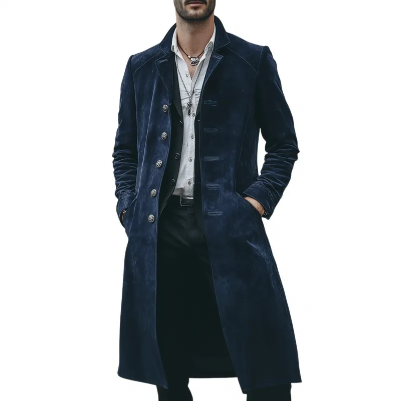 Men's Vintage Elegant Solid Color Suede Lapel Single-Breasted Slim Knee-Length Coat MTA0286H3M sold by Manly