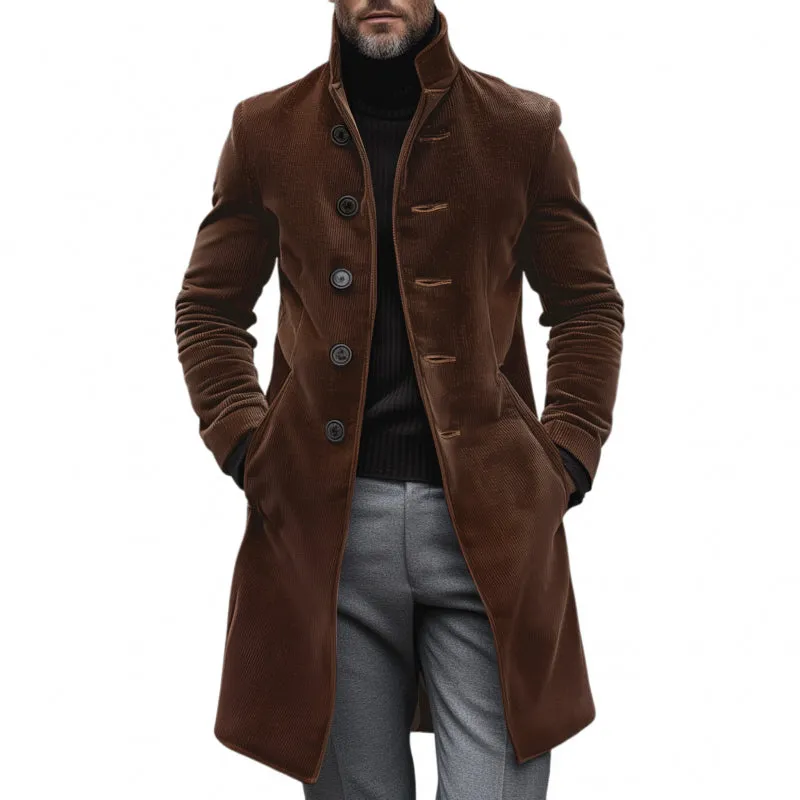 Men's Vintage Elegant Solid Color Corduroy Stand Collar Single Breasted Slim Fit Coat MTA0290H3M sold by Manly