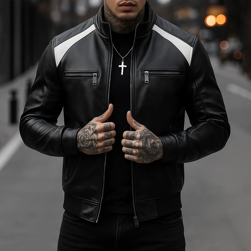 Men’s Fashion Colorblock PU Leather Stand Collar Zipper Bike Jacket MTA0489H1Z sold by Manly product image thumbnail 2