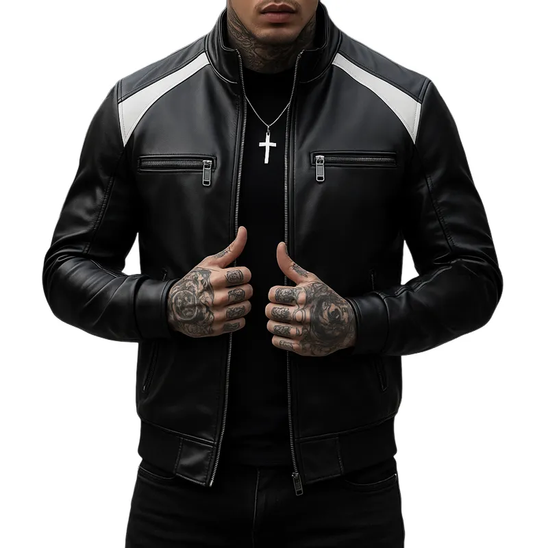 Men’s Fashion Colorblock PU Leather Stand Collar Zipper Bike Jacket MTA0489H1Z sold by Manly