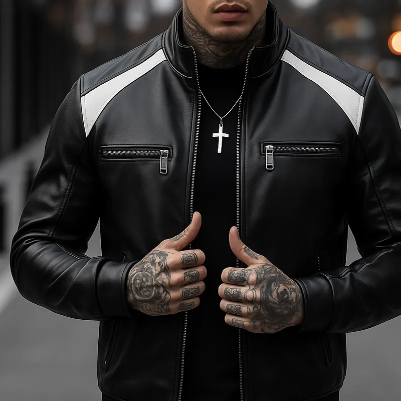 Men’s Fashion Colorblock PU Leather Stand Collar Zipper Bike Jacket MTA0489H1Z sold by Manly product image thumbnail 3