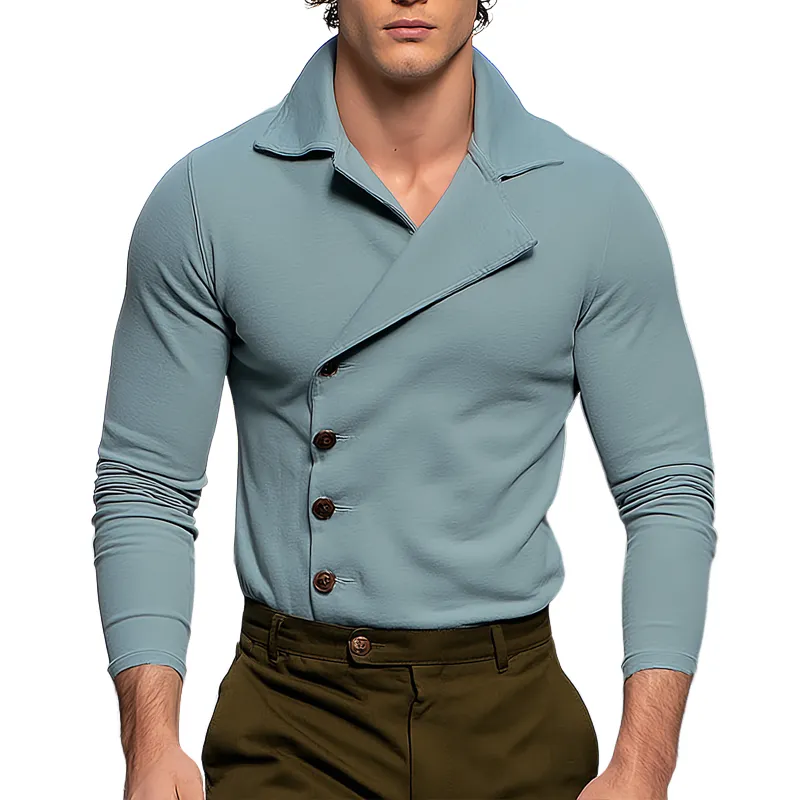 Men’s Solid Color Notch Lapel Side Placket Long Sleeve Shirt MTA0480H7Z sold by Manly