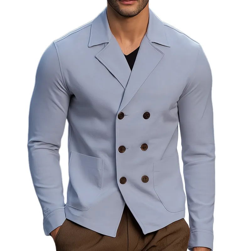 Men’s Solid Color Cotton Notch Lapel Double Breasted Jacket MTA0491H0Z sold by Manly