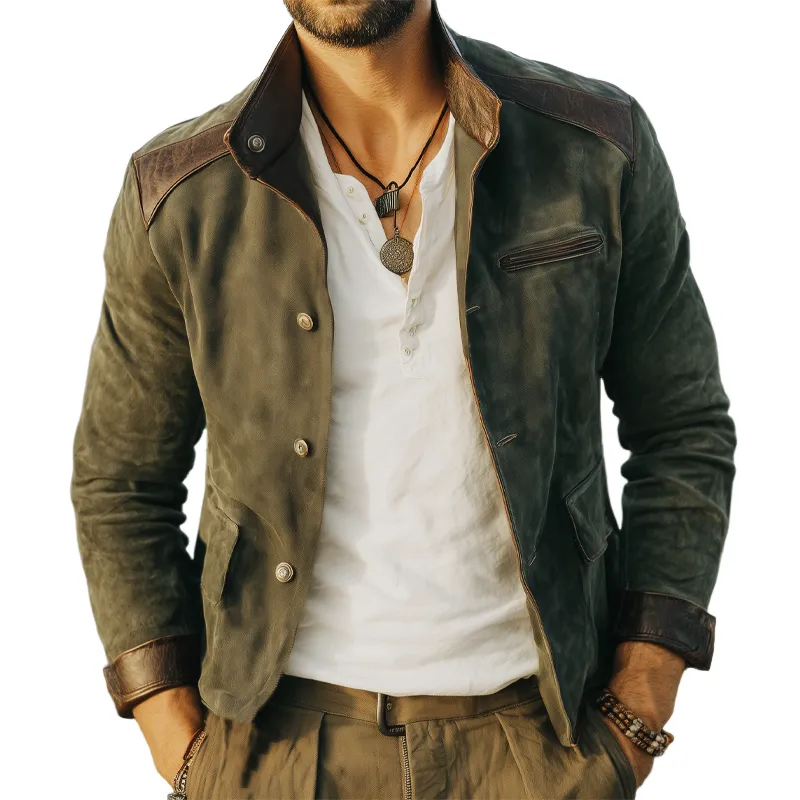 Men's Vintage Stand Collar Suede Button Leather Stitching Jacket MTA0679H0U sold by Manly