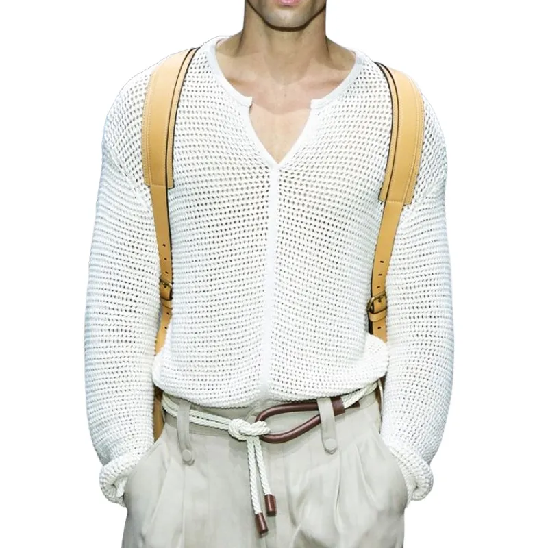 Men's Spring And Autumn Solid Color V-Neck Knitted Sweater T-Shirt MTA0636H5U sold by Manly