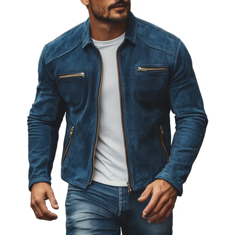 Men's Vintage Solid Suede Lapel Zipper Placket Zipper Pocket Slim Fit Jacket MTA0563H6M sold by Manly