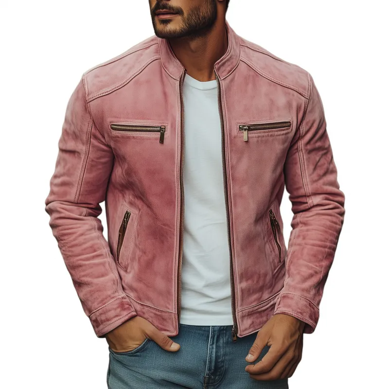 Men's Vintage Solid Color Suede Stand Collar Zipper Placket Zipper Pocket Slim Fit Jacket MTA0587H7M sold by Manly