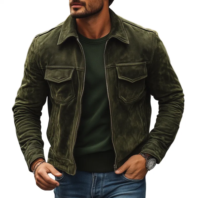 Men's Vintage Solid Suede Lapel Zipper Placket Flap Chest Pocket Slim Fit Jacket MTA0579H8M sold by Manly