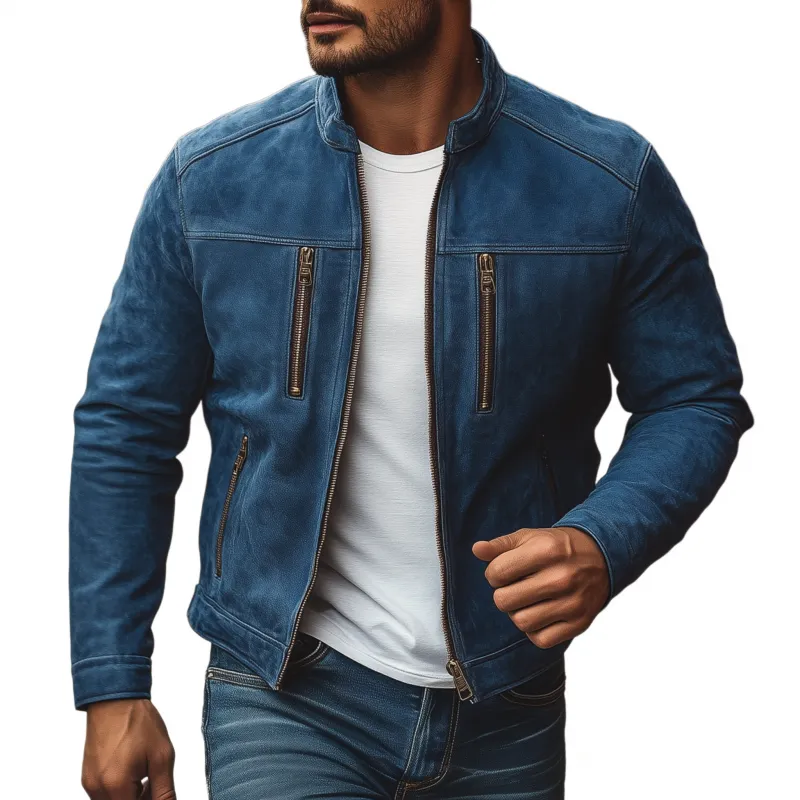 Men's Vintage Solid Suede Stand Collar Zipper Placket Slim Fit Multi-Pocket Jacket MTA0597H2M sold by Manly
