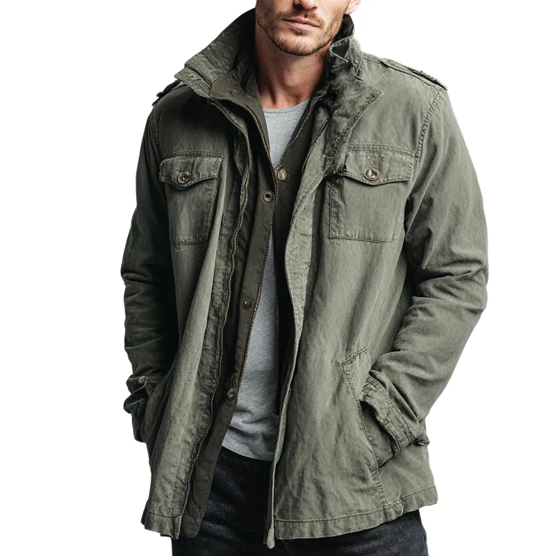 Men's Vintage Washed Denim Stand Collar Mid-length Coat MTA0549H7X sold by Manly