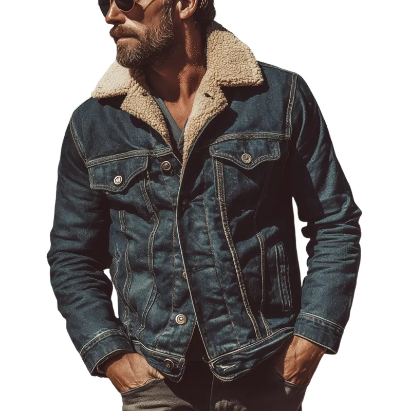 Men's Vintage Denim Patchwork Polar Fleece Lapel Jacket MTA0504H1X sold by Manly