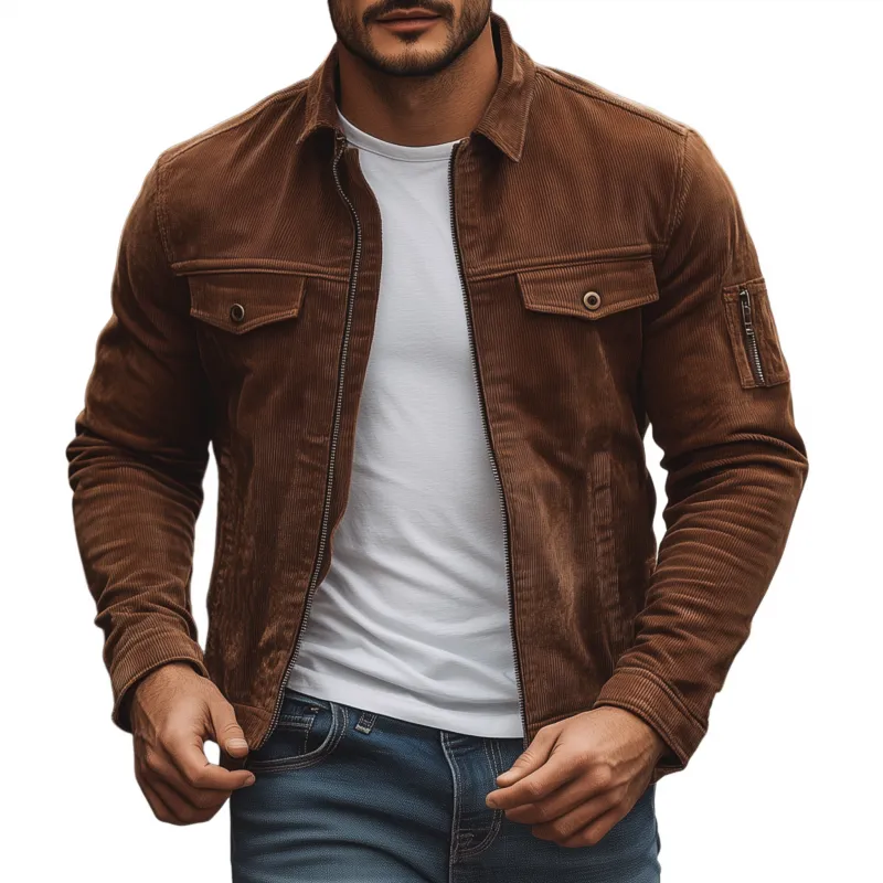 Men's Vintage Solid Color Corduroy Lapel Zipper Placket Slim Fit Cargo Jacket MTA0522H9M sold by Manly