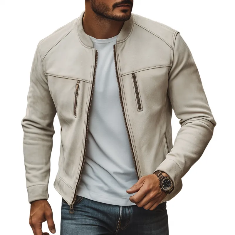 Men's Vintage Solid Color Faux Suede Stand Collar Zipper Placket Slim Fit Jacket MTA0539H2M sold by Manly