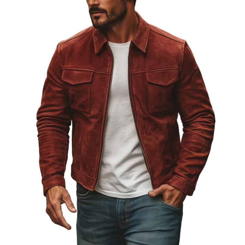 Men's Vintage Solid Color Faux Suede Lapel Zipper Placket Flap Chest Pocket Slim Fit Jacket MTA0506H8M sold by Manly