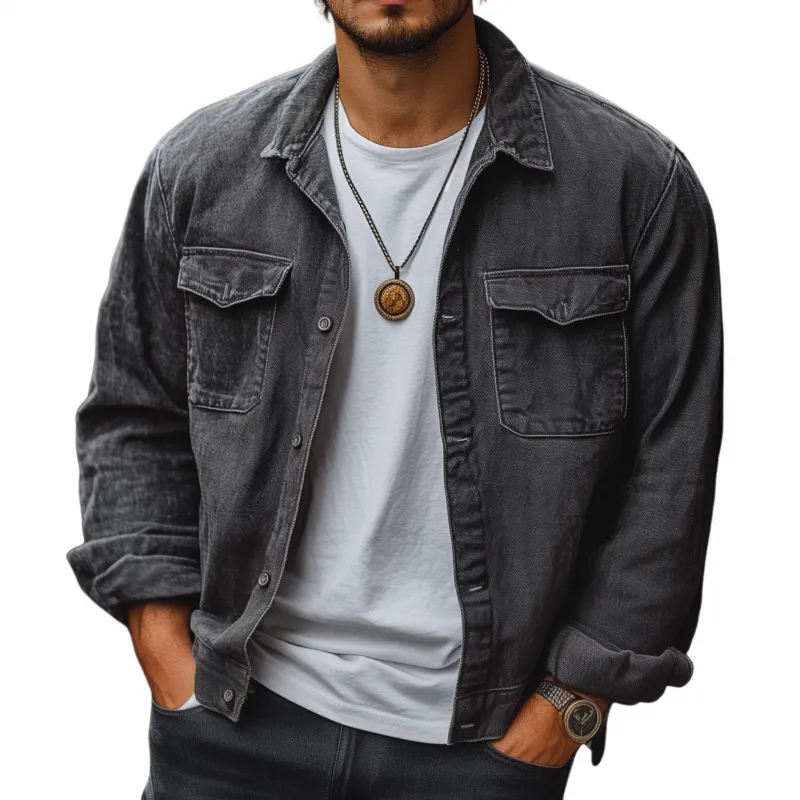 Men's Casual Breathable Washed Distressed Lapel Flap Pocket Loose Denim Shirt Jacket MTA0506H0M sold by Manly