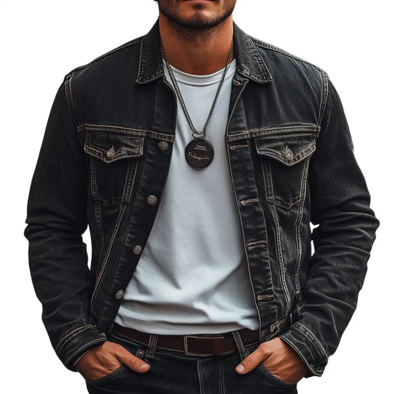Men's Vintage Classic Washed Distressed Lapel Single-breasted Slim-fit Denim Jacket MTA0551H6M sold by Manly