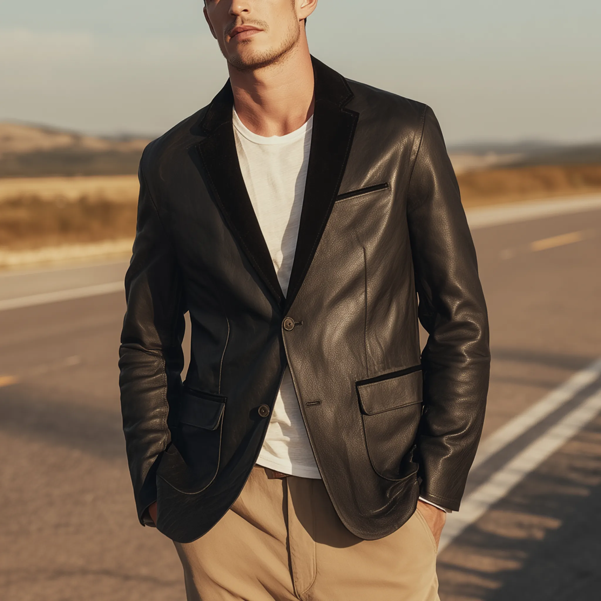 Men's Classic Retro PU Leather And Suede Single-breasted Slim-fit Blazer MTA0594H3K sold by Manly product image thumbnail 2