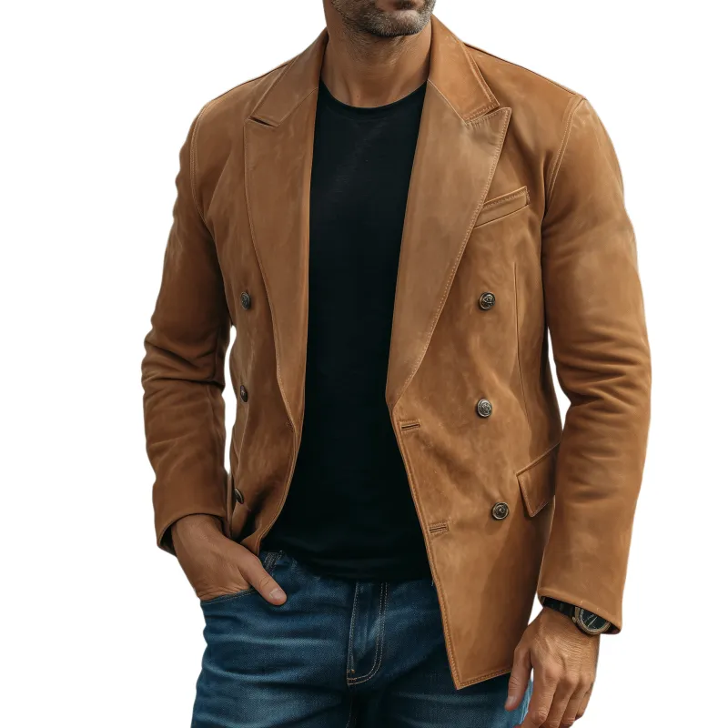Men's Classic Retro Solid Color Suede Double-breasted Slim-fit Blazer MTA0550H0K sold by Manly