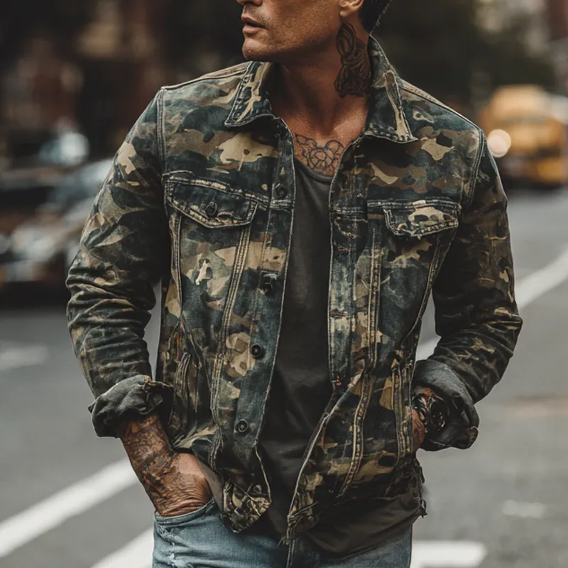 Men's Vintage Camouflage Print Lapel Jacket MTA0530H4X sold by Manly product image thumbnail 2