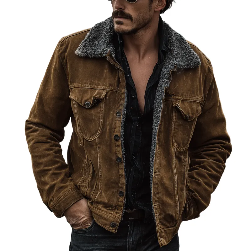 Men's Vintage Solid Fabric Splicing Polar Fleece Lapel Jacket MTA0556H7X sold by Manly