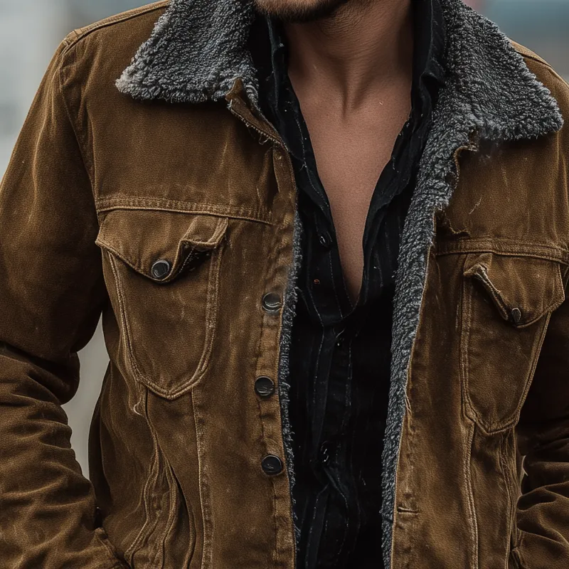 Men's Vintage Solid Fabric Splicing Polar Fleece Lapel Jacket MTA0556H7X sold by Manly product image thumbnail 3