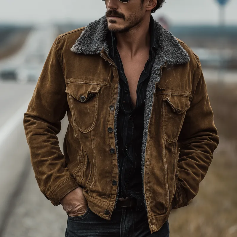 Men's Vintage Solid Fabric Splicing Polar Fleece Lapel Jacket MTA0556H7X sold by Manly product image thumbnail 2