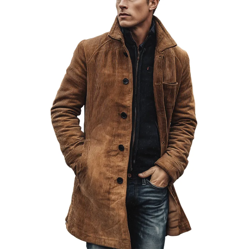 Men's Vintage Corduroy Lapel Single-breasted Mid-length Coat MTA0520H6X sold by Manly