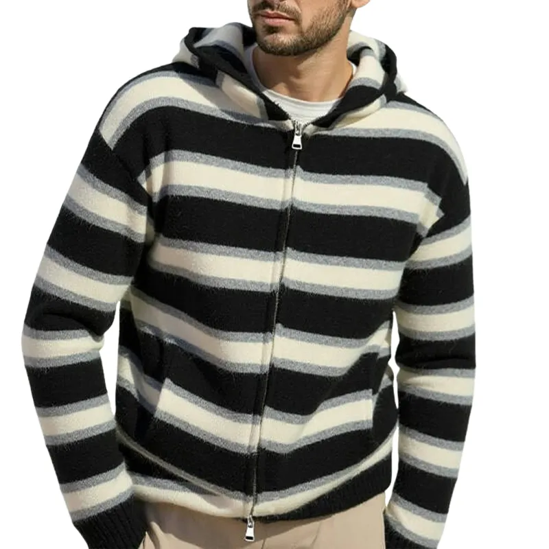 Men's Striped Knit Hooded Zip-Up Cardigan MTA0481H8X sold by Manly