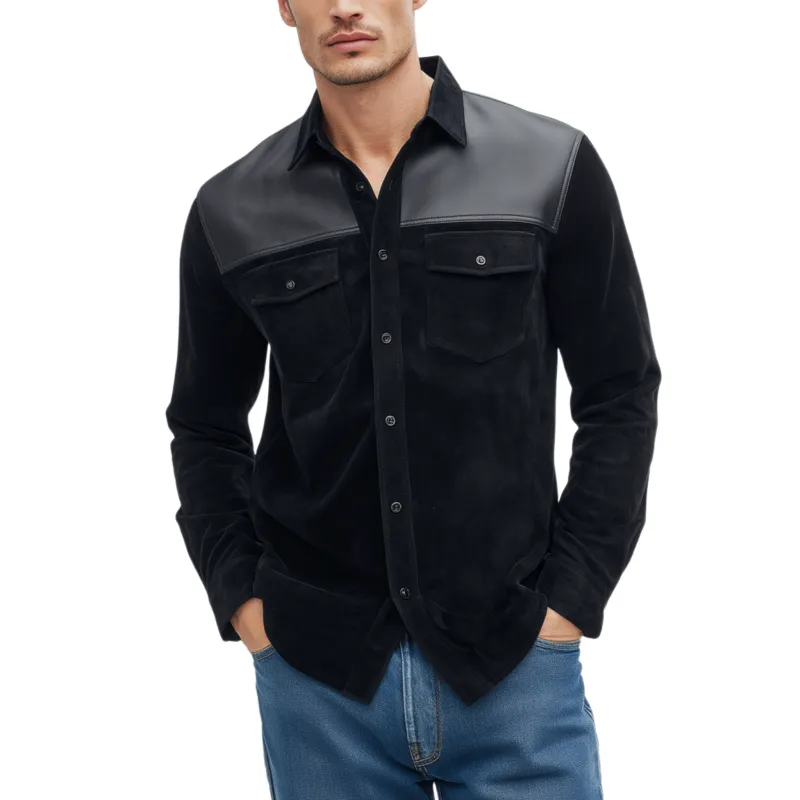 Men's Classic Casual Shoulder Stitching PU Leather Lapel Suede Long-sleeved Shirt MTA0552H7K sold by Manly