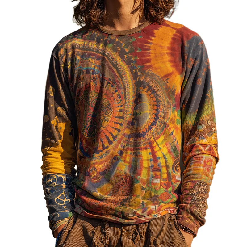 Men's Retro Casual Hippie Gradient Print Round Neck Long Sleeve T-shirt MTA0168H3TO sold by Manly