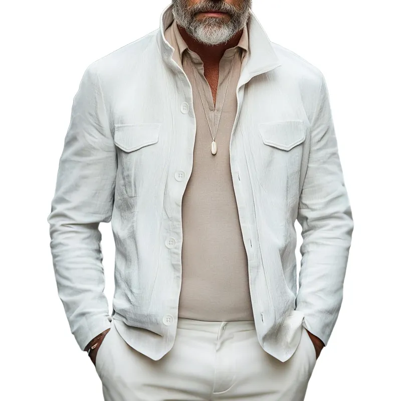 Men's Vintage Casual Cotton And Linen Stand Collar Button Jacket MTA0250H6TO sold by Manly
