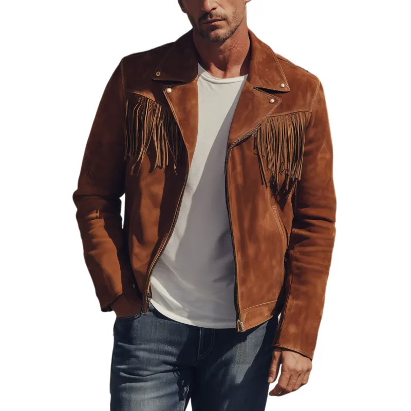 Men's Classic Retro Western Cowboy Style Suede Tassel Lapel Zipper Jacket MTA0507H0K sold by Manly