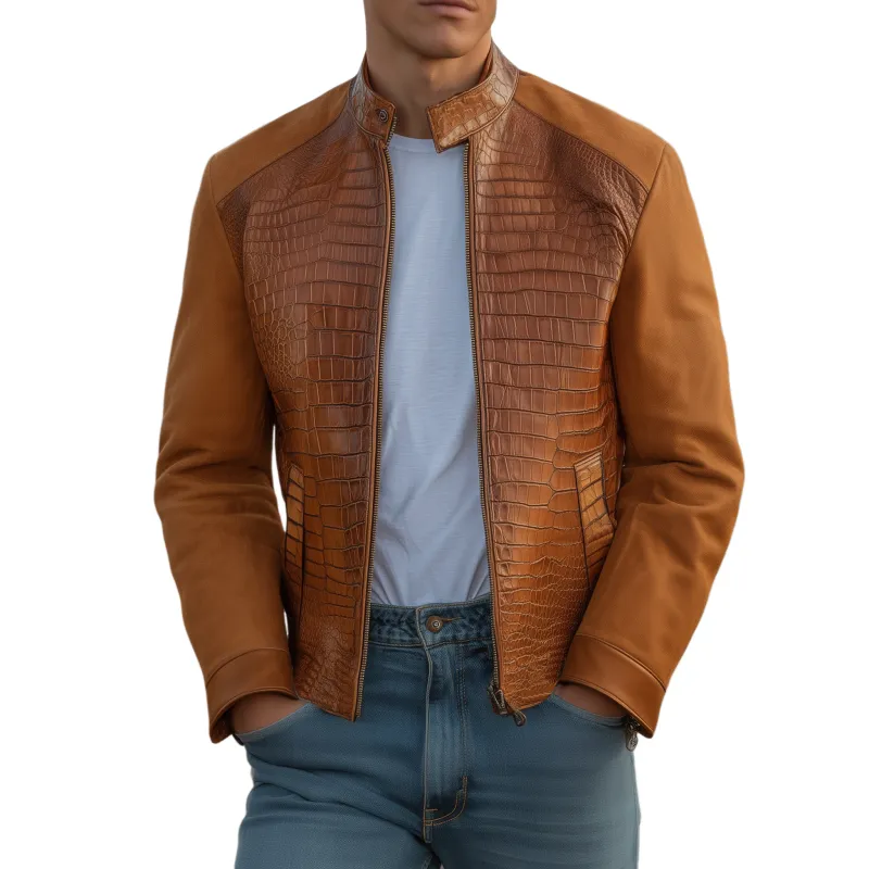 Men's Classic Retro Western Cowboy Style Stand Collar Textured Leather And Suede Zipper Jacket MTA0539H0K sold by Manly